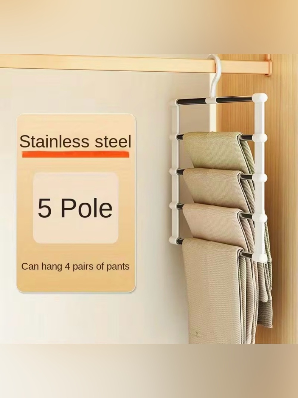 5-Tier White & Silver Hanging Pants Organizer - Space-Saving Closet Hanger